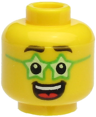 Minifigure, Head Black Eyebrows, Green Glasses Star Shaped, Large Open Mouth Smile with Teeth and Tongue Pattern
