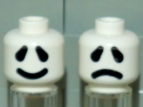 Minifigure, Head Dual Sided Ghost Large Black Eyes, Thick Smile / Frown Pattern