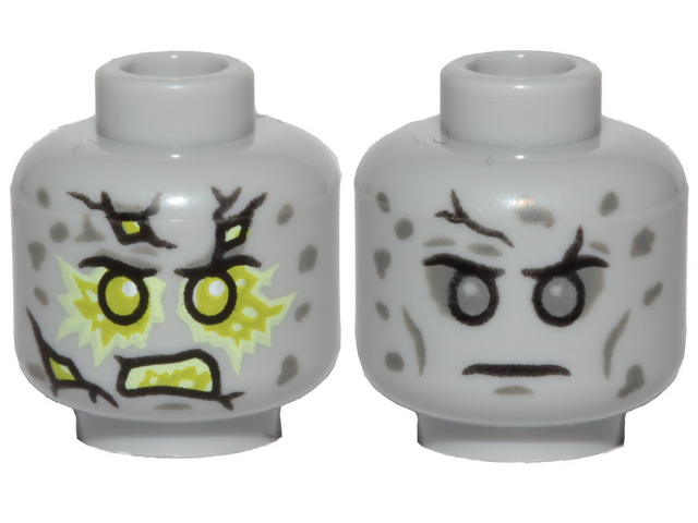 Minifigure, Head Dual Sided Stone Cracks, Dark Bluish Gray Spots, Lime Energy, Angry / Neutral Pattern