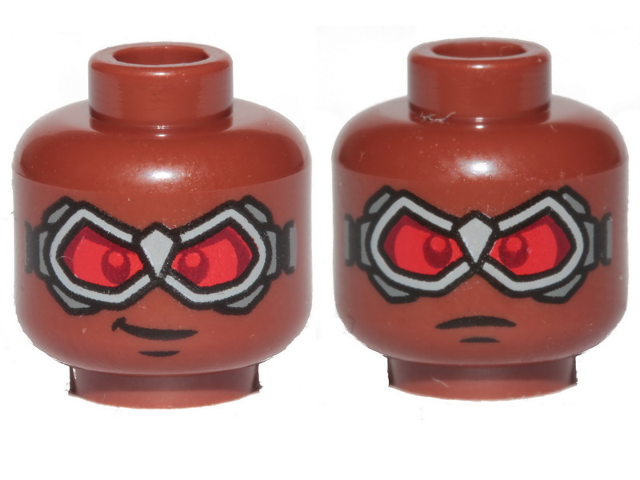 Minifigure, Head Dual Sided Glasses with Silver Goggles and Red Lenses, Smile / Angry Pattern
