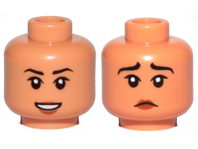 Minifigure, Head Dual Sided Female, Black Eyebrows, Reddish Brown Lips, Open Mouth Smile / Sad Pattern