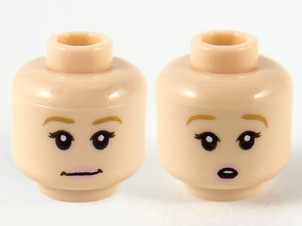 Minifigure, Head Dual Sided Female Dark Tan Eyebrows, Black Eyelashes, Bright Pink Lips, Neutral / Surprised Open Mouth with Top Teeth Pattern