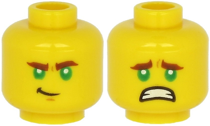Minifigure, Head Dual Sided Reddish Brown Thick Eyebrows, Green Eyes, Chin Dimple, Lopsided Grin / Scared with Teeth Pattern