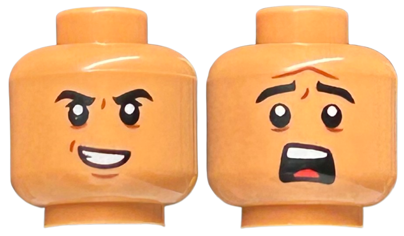 Minifigure, Head Dual Sided Black Eyebrows, Dark Orange Furrows, Evil Smile / Scared Pattern