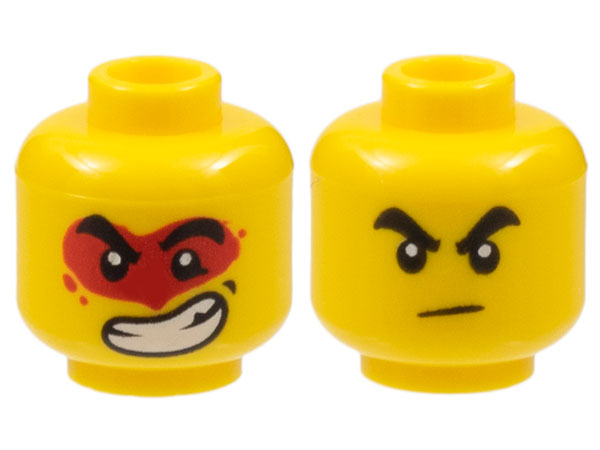 Minifigure, Head Dual Sided Black Thick Eyebrows, Frown / Large Lopsided Open Mouth Grin with Teeth, Red Paint Splotch Around Eyes Pattern
