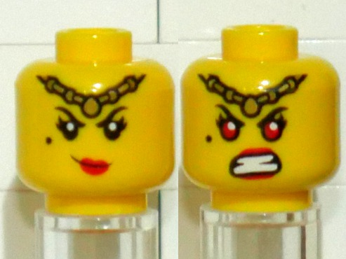 Minifigure, Head Dual Sided Female Gold Headband, Beauty Mark, and Red Lips / Angry Red Eyes and Open Mouth Grimace with White Teeth Pattern