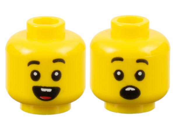 Minifigure, Head Dual Sided Child Black Eyebrows, Open Mouth Smile with Buck Teeth and Tongue / Surprised Pattern