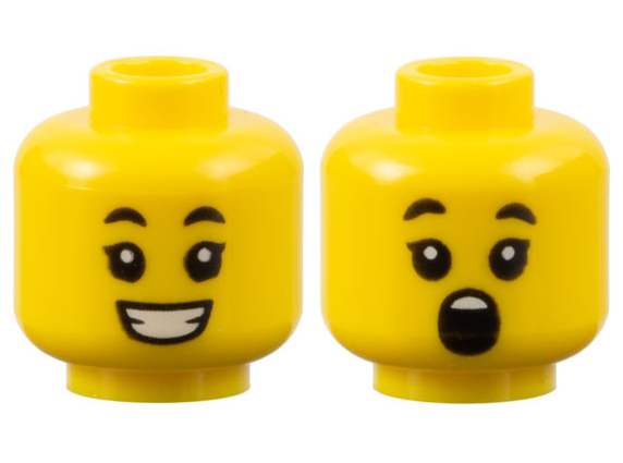 Minifigure, Head Dual Sided Child Black Eyebrows, Single Eyelashes, Open Mouth Smile with Teeth / Surprised Pattern