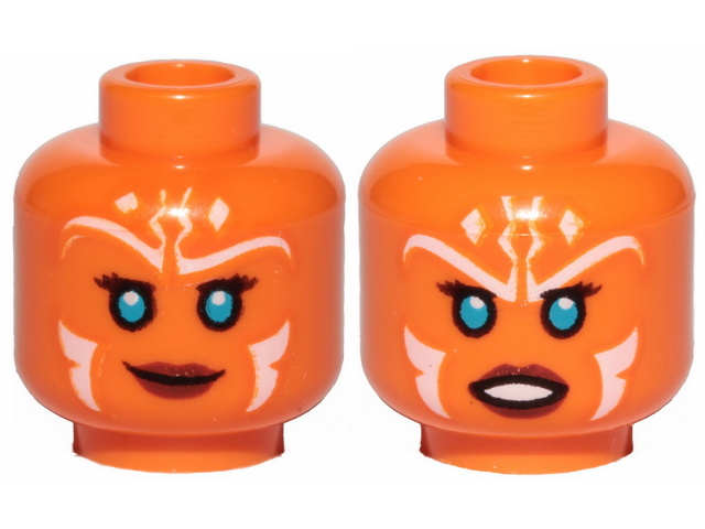 Minifigure, Head Dual Sided Alien with SW Ahsoka, Blue Eyes and White Lines, Smile / Frown Pattern