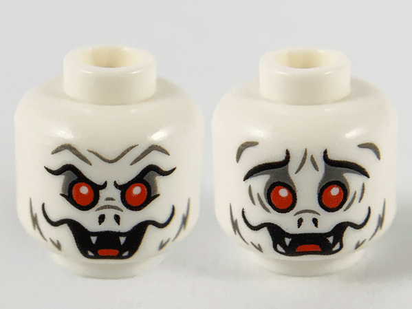 Minifigure, Head Dual Sided Alien, Dark Bluish Gray Fur, Black Eyebrows and Nostrils, Red Eyes, Fangs, Angry / Scared Pattern