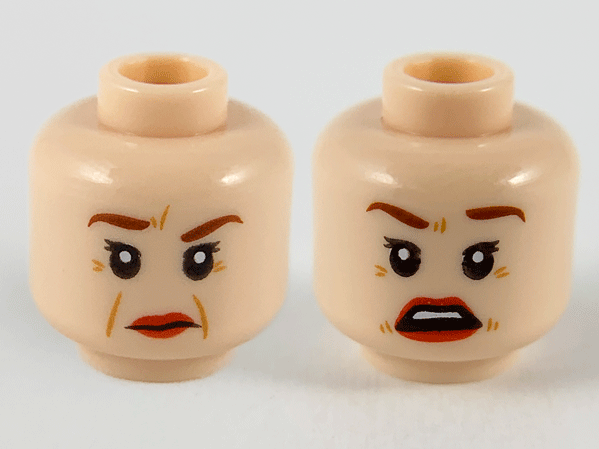 Minifigure, Head Dual Sided Female, Reddish Brown Eyebrows, Dark Orange Wrinkles, Red Lips, Raised Right Eyebrow / Surprised Pattern