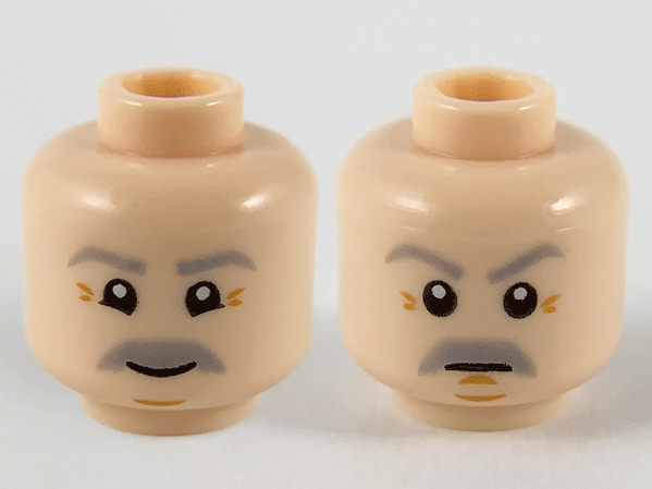 Minifigure, Head Dual Sided Light Bluish Gray Eyebrows and Thick Moustache, Medium Nougat Wrinkles, Grin / Neutral Pattern