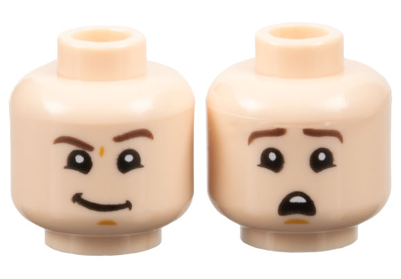 Minifigure, Head Dual Sided Dark Brown Eyebrows, Medium Nougat Chin Dimple, Lopsided Grin with Raised Left Eyebrow / Scared Open Mouth with Top Teeth Pattern