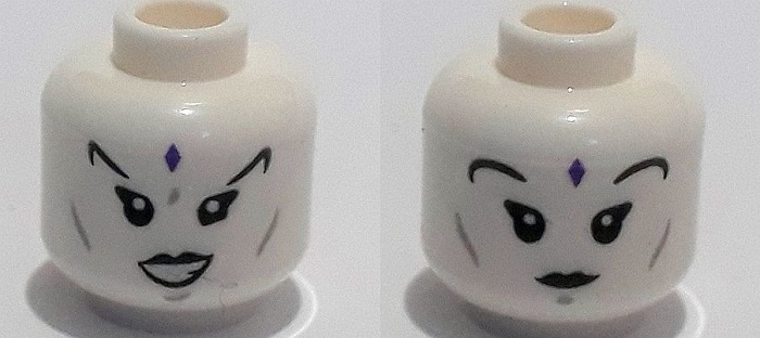 Minifigure, Head Dual Sided Female Dark Purple Bindi, Black Eyelashes and Eyebrows, Open Mouth / Closed Mouth Pattern