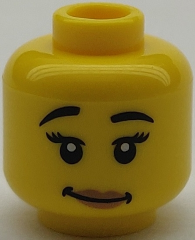 Minifigure, Head Female Black Eyebrows Raised, Eyelashes, Medium Nougat Lips, Lopsided Grin with Dimples Pattern