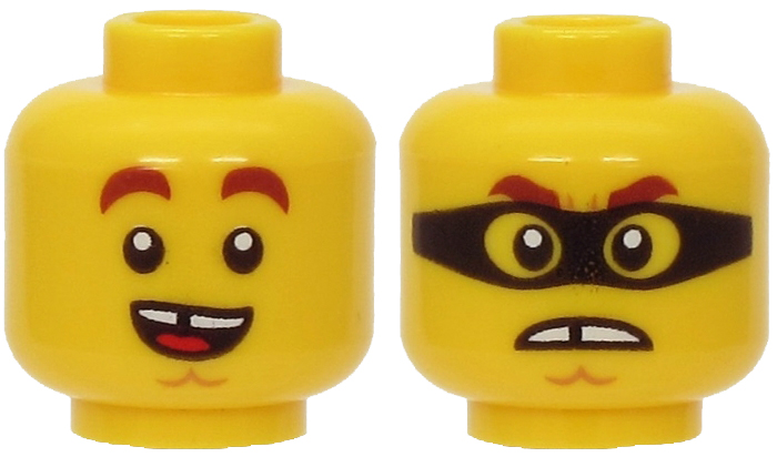 Minifigure, Head Dual Sided Reddish Brown Thick Eyebrows, Chin Dimple, Open Mouth Smile with Tongue / Angry with Black Mask Pattern