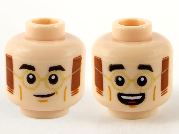 Minifigure, Head Dual Sided Black Eyebrows, Gold Glasses, Reddish Brown Mutton Chops, Grin / Open Mouth Smile Pattern