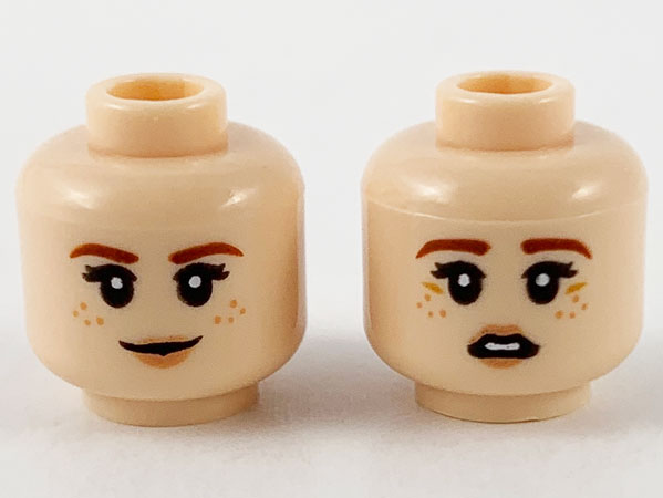 Minifigure, Head Dual Sided Female, Reddish Brown Eyebrows, Medium Nougat Freckles, Peach Lips, Grin / Scared Pattern