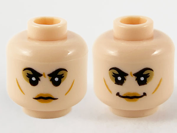 Minifigure, Head Dual Sided Female, Black Eyebrows, Dark Tan Around Eyes, Medium Nougat Lips, Neutral / Grin Pattern