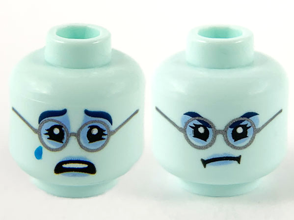 Minifigure, Head Dual Sided Female, Dark Blue Eyebrows, Bright Light Blue Around Eyes, Dark Bluish Gray Glasses, Crying / Angry Pattern