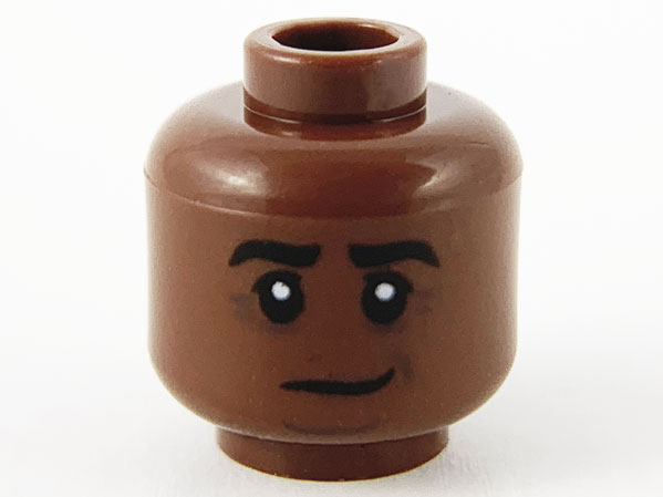Minifigure, Head Black Eyebrows Lopsided Grin, Dark Brown Contour Lines Pattern