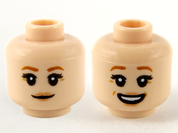 Minifigure, Head Dual Sided Female, Dark Orange Eyebrows, Peach Lips, Slight Grin / Smile Showing Teeth Pattern