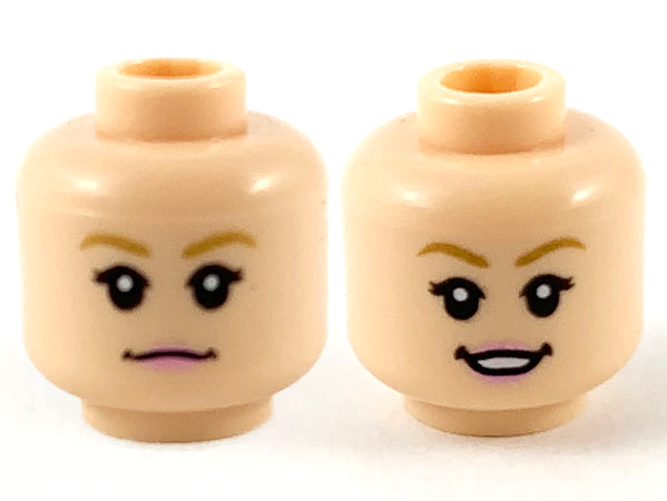 Minifigure, Head Dual Sided Female, Dark Tan Eyebrows, Bright Pink Lips, Neutral / Smile Showing Teeth Pattern
