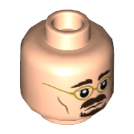 Minifigure, Head Dual Sided Gold Glasses, Dark Brown Eyebrows, Moustache, Goatee, Grin / Frown Pattern