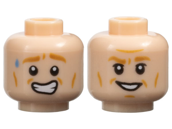 Minifigure, Head Dual Sided Medium Nougat Eyebrows and Cheek Lines, Sweat Droplet and Worried Open Mouth Smile with Teeth / Grin Pattern