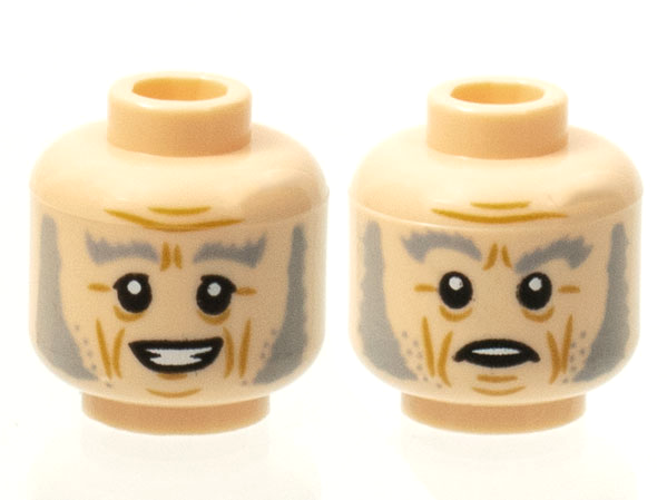 Minifigure, Head Dual Sided Gray Eyebrows and Sideburns, Lined Face, Grin / Scared Face Pattern