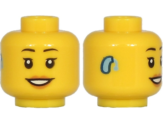 Minifigure, Head Female Black Thin Eyebrows, Single Eyelashes, Medium Nougat Lips, Bright Light Blue Hearing Aid on Right, Open Mouth Smile with Teeth Pattern