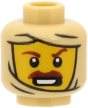 Minifigure, Head Alien Mummy with Yellow Face, Reddish Brown Thick Eyebrows, Moustache, Open Mouth with Teeth, Wrappings Pattern