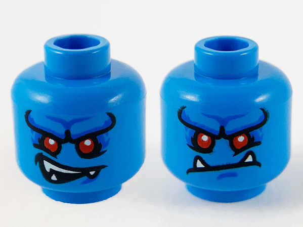 Minifigure, Head Dual Sided Alien, Pronounced Brow, Red Eyes, White Fangs, Lopsided Smile / Lopsided Frown Pattern