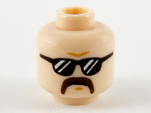 Minifigure, Head Dark Orange Brow Furrow, Black Sunglasses with White Stripes, Dark Brown Horseshoe Moustache Pattern