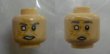 Minifigure, Head Dual Sided Gray Eyebrows, Blind Right Eye, Wrinkles, Stubble, Angry / Surprised Pattern (Cornelius Evazan)