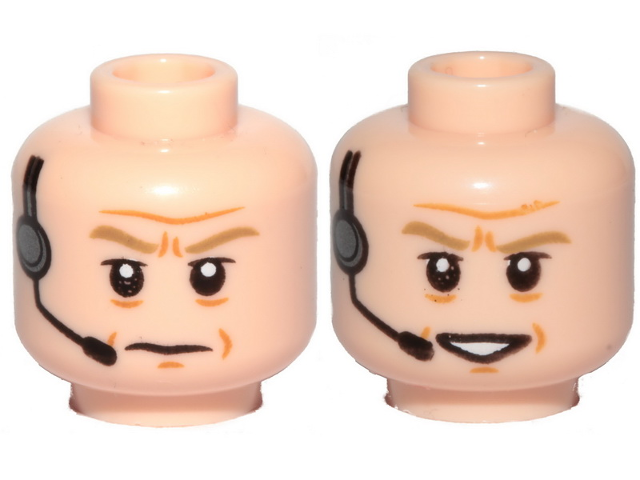 Minifigure, Head Dual Sided Dark Tan Eyebrows, Wrinkles, Headset, Frown / Smile Pattern
