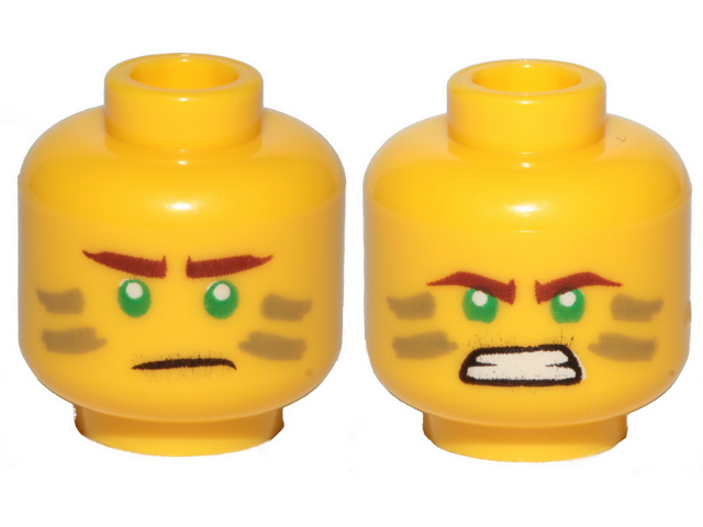 Minifigure, Head Dual Sided Reddish Brown Eyebrows, Green Eyes, Dark Tan Stripes, Scowl / Angry Pattern (Lloyd)