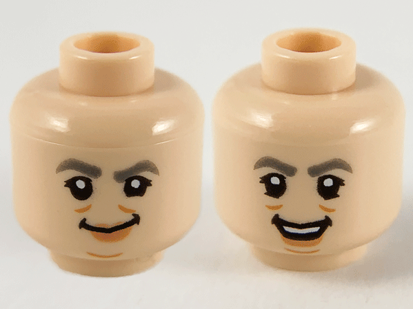 Minifigure, Head Dual Sided Female, Dark Bluish Gray Eyebrows, Nougat Lips, Medium Nougat Chin Dimple and Wrinkles, Smile / Open Mouth Smile Pattern