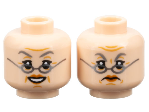 Minifigure, Head Dual Sided Female Dark Bluish Gray Eyebrows, Dark Orange Lips, Dark Silver Glasses, Medium Nougat Wrinkles, Furrowed Brow, Open Mouth Smile with Teeth / Frown Pattern