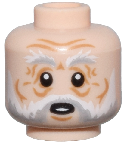 Minifigure, Head White and Light Bluish Gray Bushy Eyebrows, Moustache and Beard, Medium Nougat Chin Dimple, Wrinkles and Cheek Lines, Surprised Open Mouth with Bottom Teeth Pattern