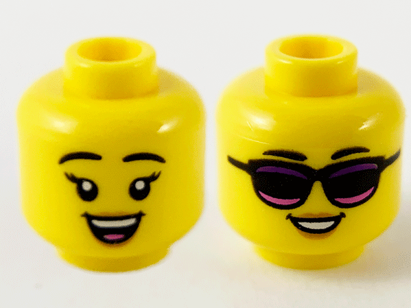 Minifigure, Head Dual Sided Female, Black Eyebrows, Peach Lips, Open Smile / Sunglasses with Dark Purple and Dark Pink Stripes Pattern