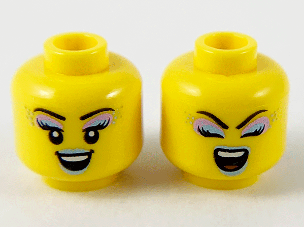 Minifigure, Head Dual Sided Female, Metallic Light Blue and Purple Eye Shadow and Lips, Open Smile / Singing Eyes Closed Open Mouth Pattern