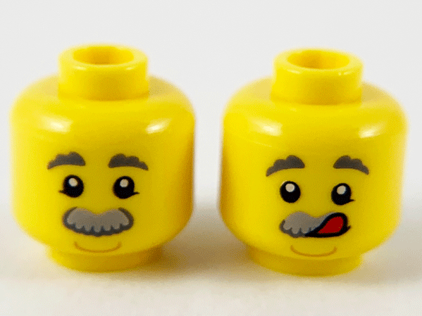 Minifigure, Head Dual Sided Dark Bluish Gray Eyebrows, Light Bluish Gray Bushy Moustache, Neutral / Licking Lips Pattern