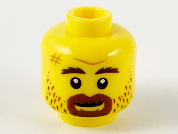 Minifigure, Head Reddish Brown Eyebrows, Goatee, and Stubble, Medium Nougat Scuff Mark, Furrowed Brow, Grin Pattern