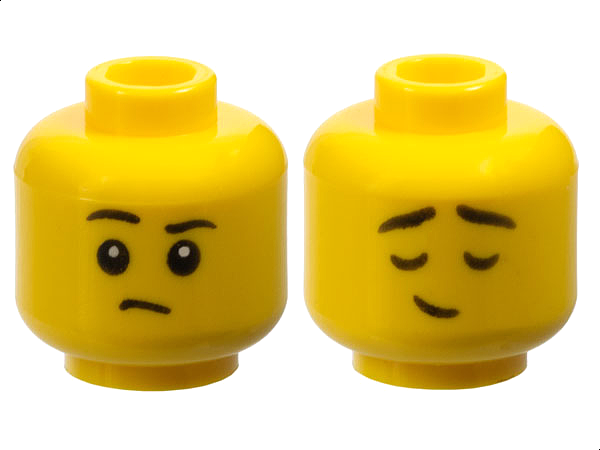 Minifigure, Head Dual Sided Child Black Eyebrows, Right Raised, Small Frown / Eyes Closed, Small Lopsided Grin Pattern