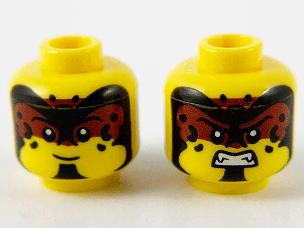 Minifigure, Head Dual Sided Black and Dark Red Forehead Makeup, Black Spots and Chin, Grin / Fierce with Fangs Pattern