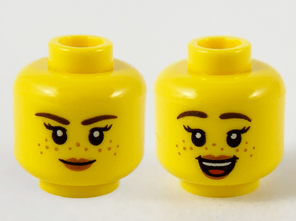 Minifigure, Head Dual Sided Female Dark Brown Eyebrows, Medium Nougat Freckles, Peach Lips, Neutral / Open Smile Pattern