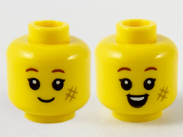 Minifigure, Head Dual Sided Child Reddish Brown Eyebrows, Dark Tan Scuff Mark, Grin / Open Mouth Smile with Top Teeth Pattern