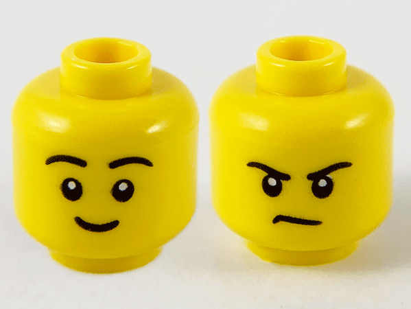 Minifigure, Head Dual Sided Black Eyebrows, Grin / Frown Pattern