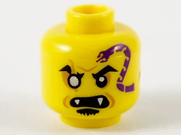 Minifigure, Head Dark Purple Snake Tattoo, Gold Right Eye, Open Mouth with Fangs, Black Soul Patch Pattern
